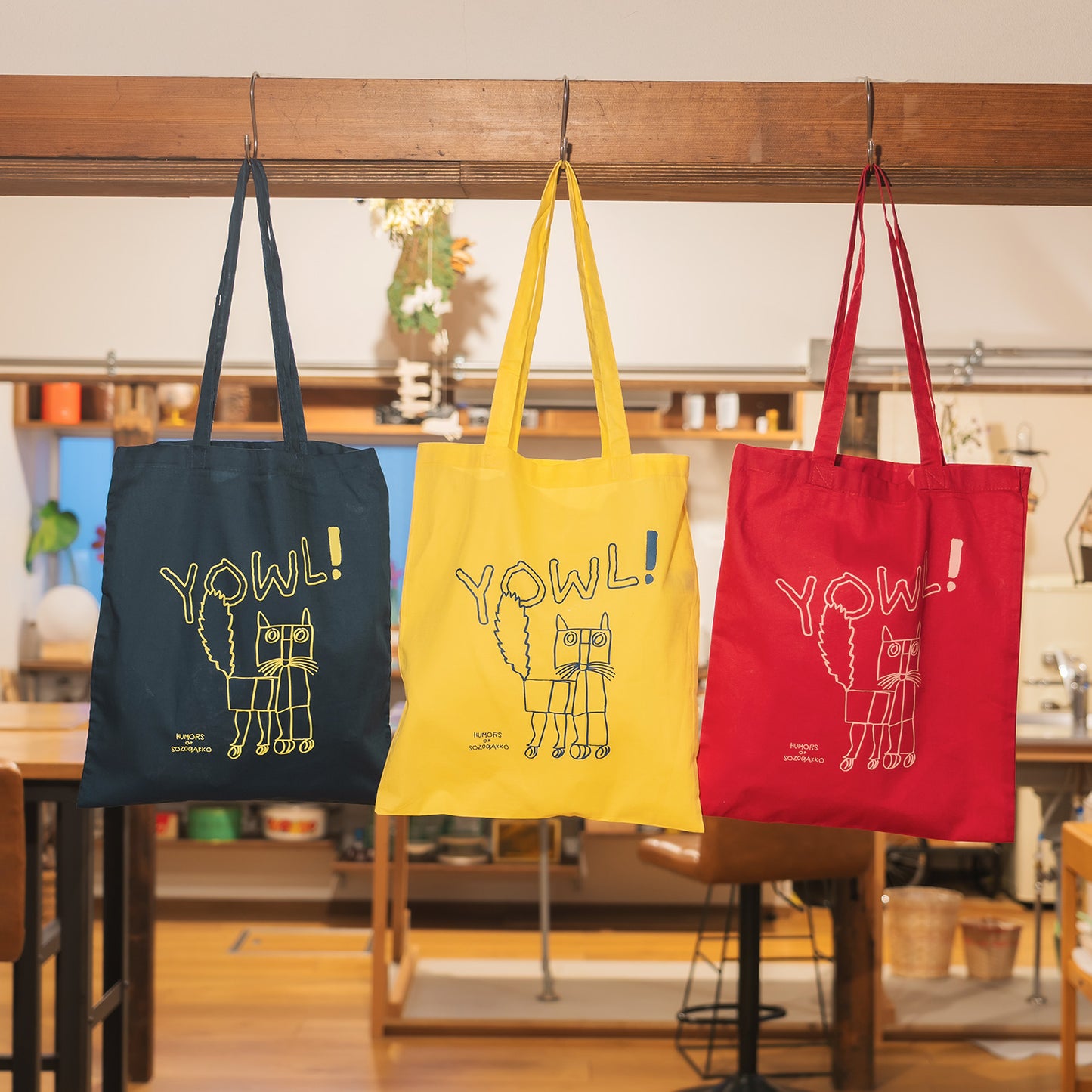 【新商品】カラートートバッグ｜ YOWL cat（ラズベリー/ネイビー/イエロー）